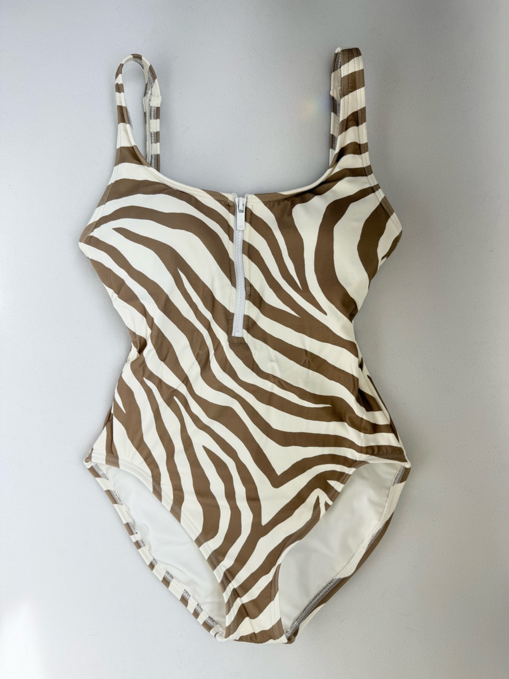 Michael Kors One Piece Swimsuit Striped Brown And White 1/4 Front Zip Size 6